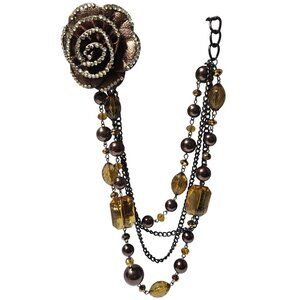 Vintage Beaded Rose Pendant Necklace Amber Colored Beads Multi Strand Jewelry